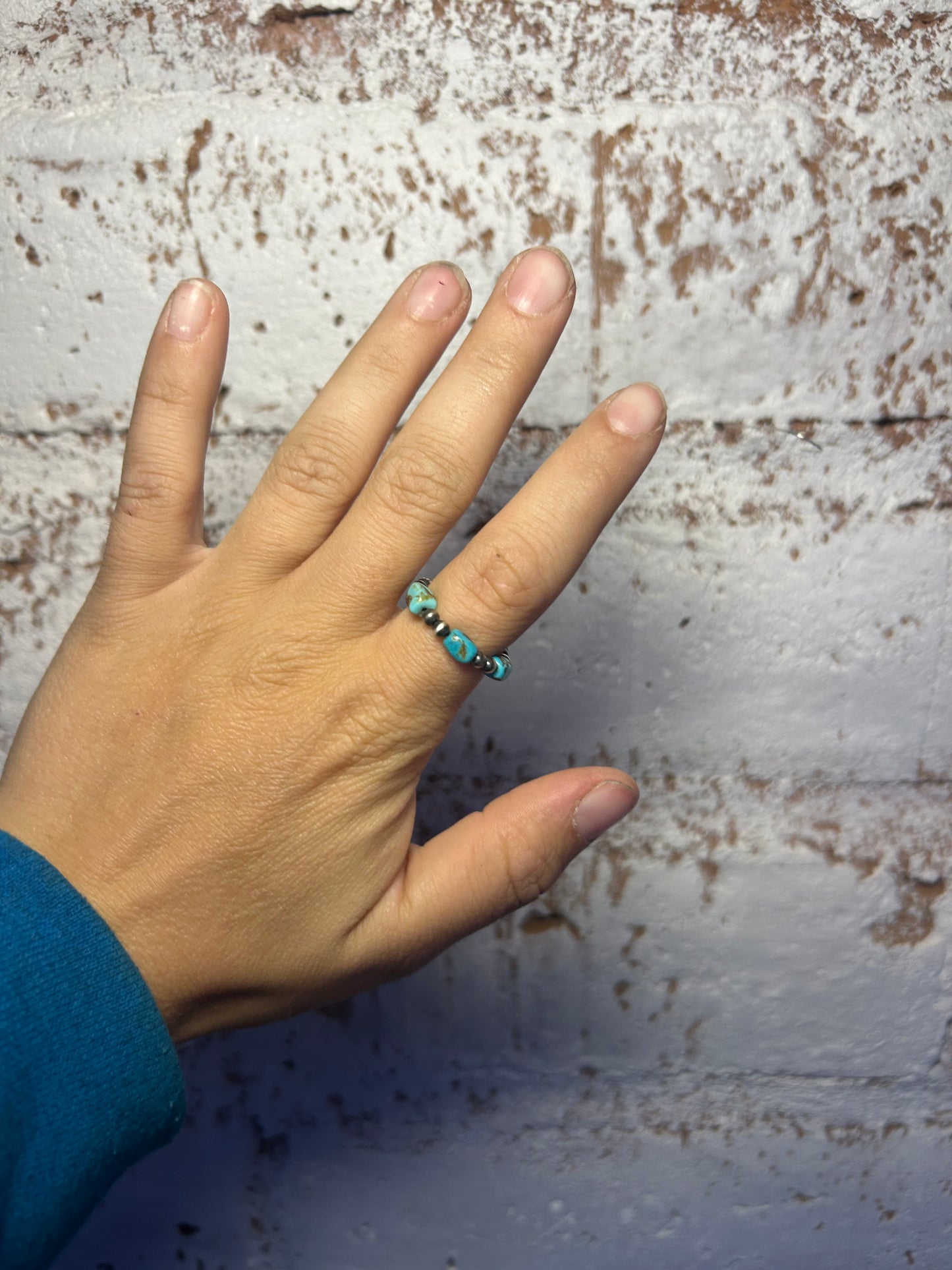 Kingman Turquoise and Navajo Pearl stretch ring